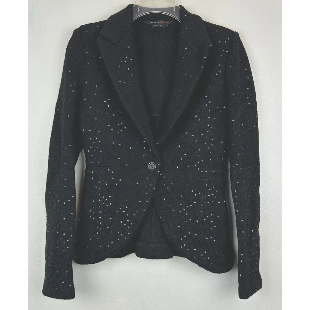 BCBG MaxAzaria Blazer Womens XS Whitley Black Sequin Wool Knit Event Cocktail